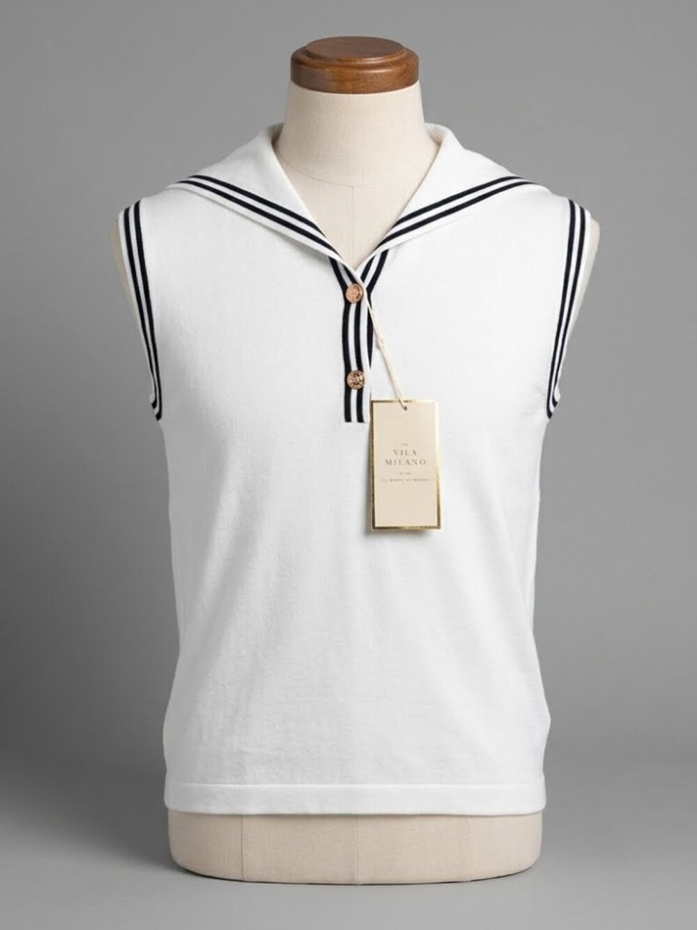 La Vila Milano Sailor Collar Knit Vest Top White Black Striped Gold Buttons NWT
